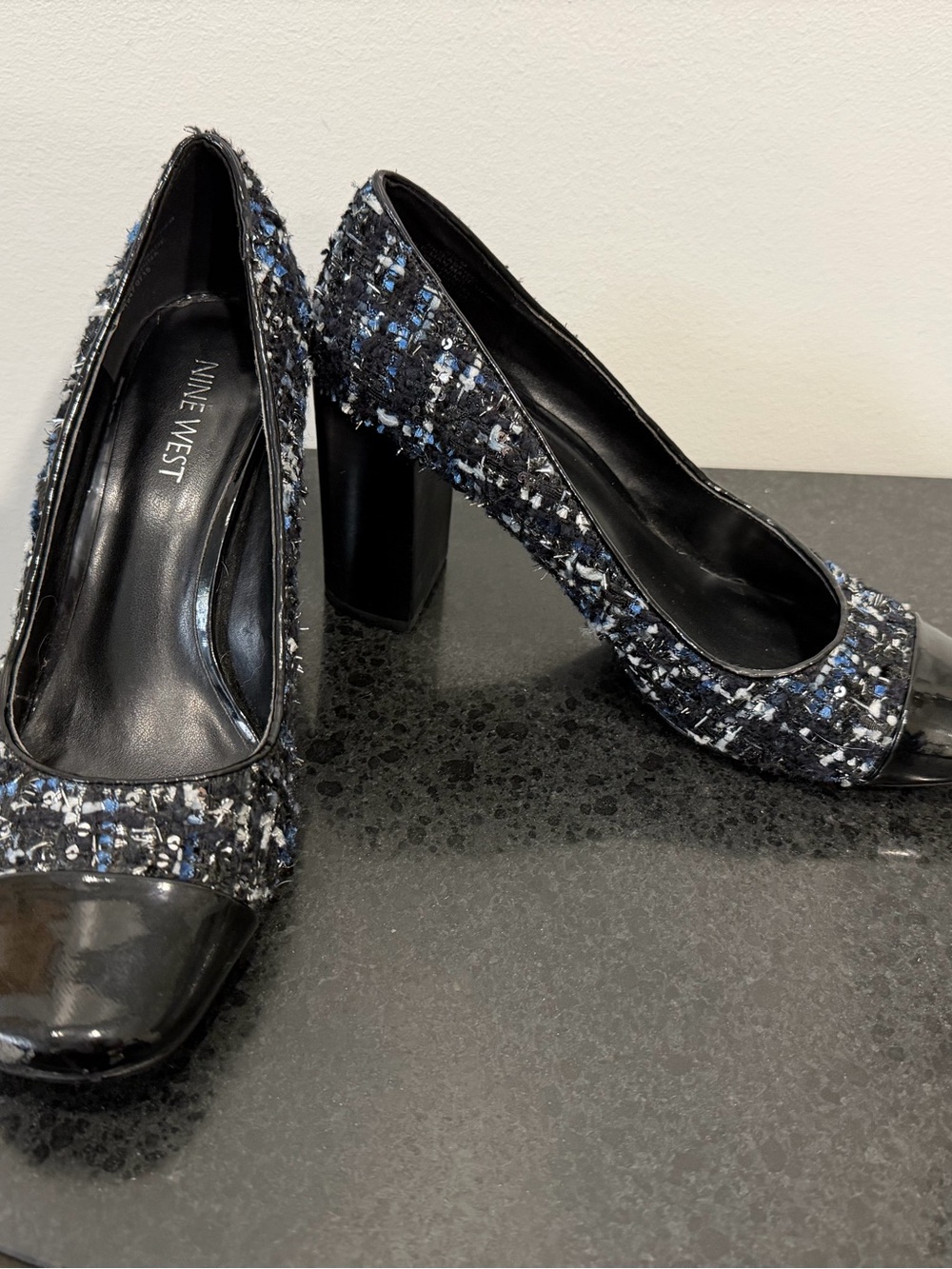 Nine West Black and Navy Tweed Block Heel Pumps